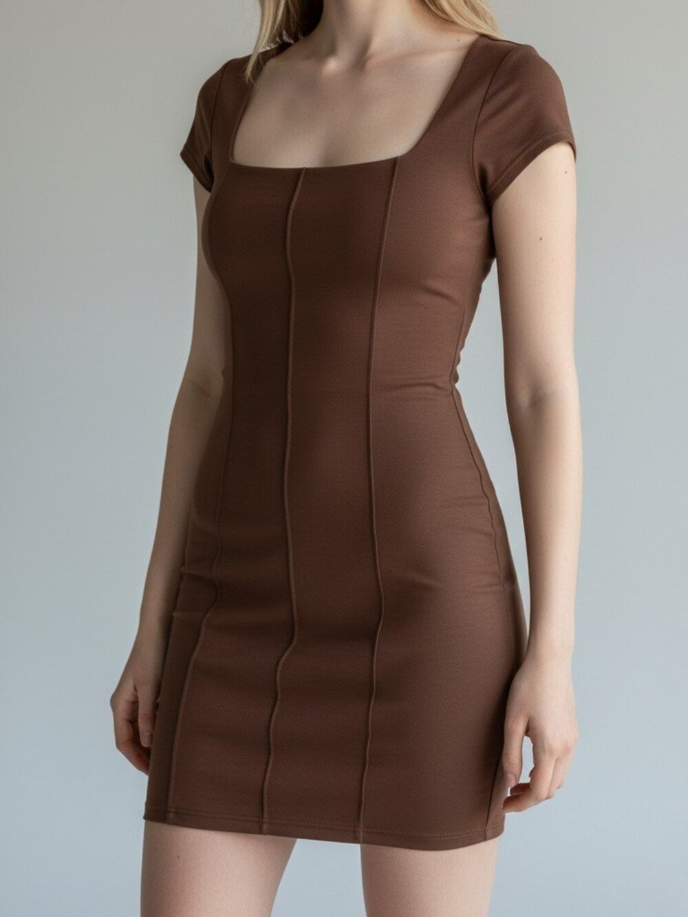 Better Be Square Neck Cap Sleeve Exposed Seam Mini Dress Brown Size M
